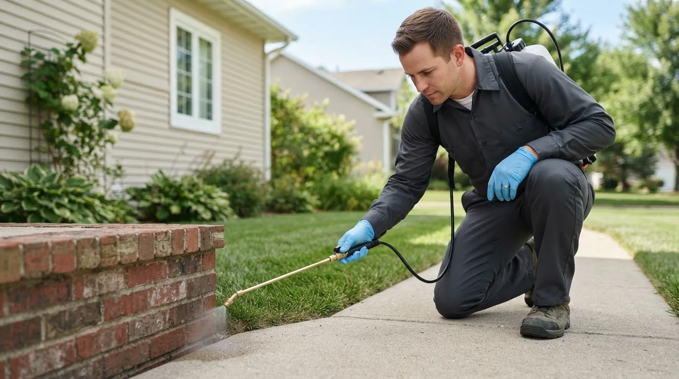 Pest control technician treating a home near Le Grand, IA