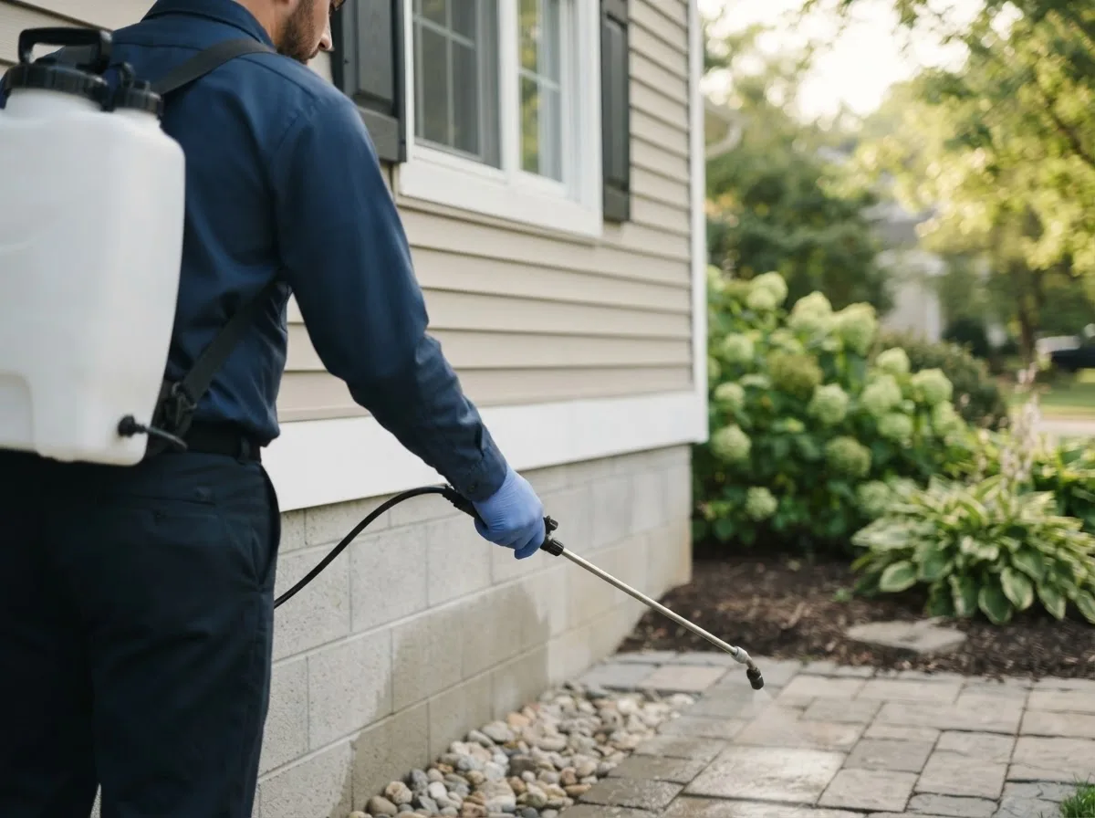 Pest control technician inspecting a home in Le Grand, IA